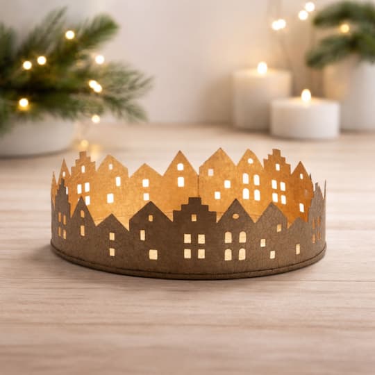 Melrose Gold Cut Metal Village Candle Holder
